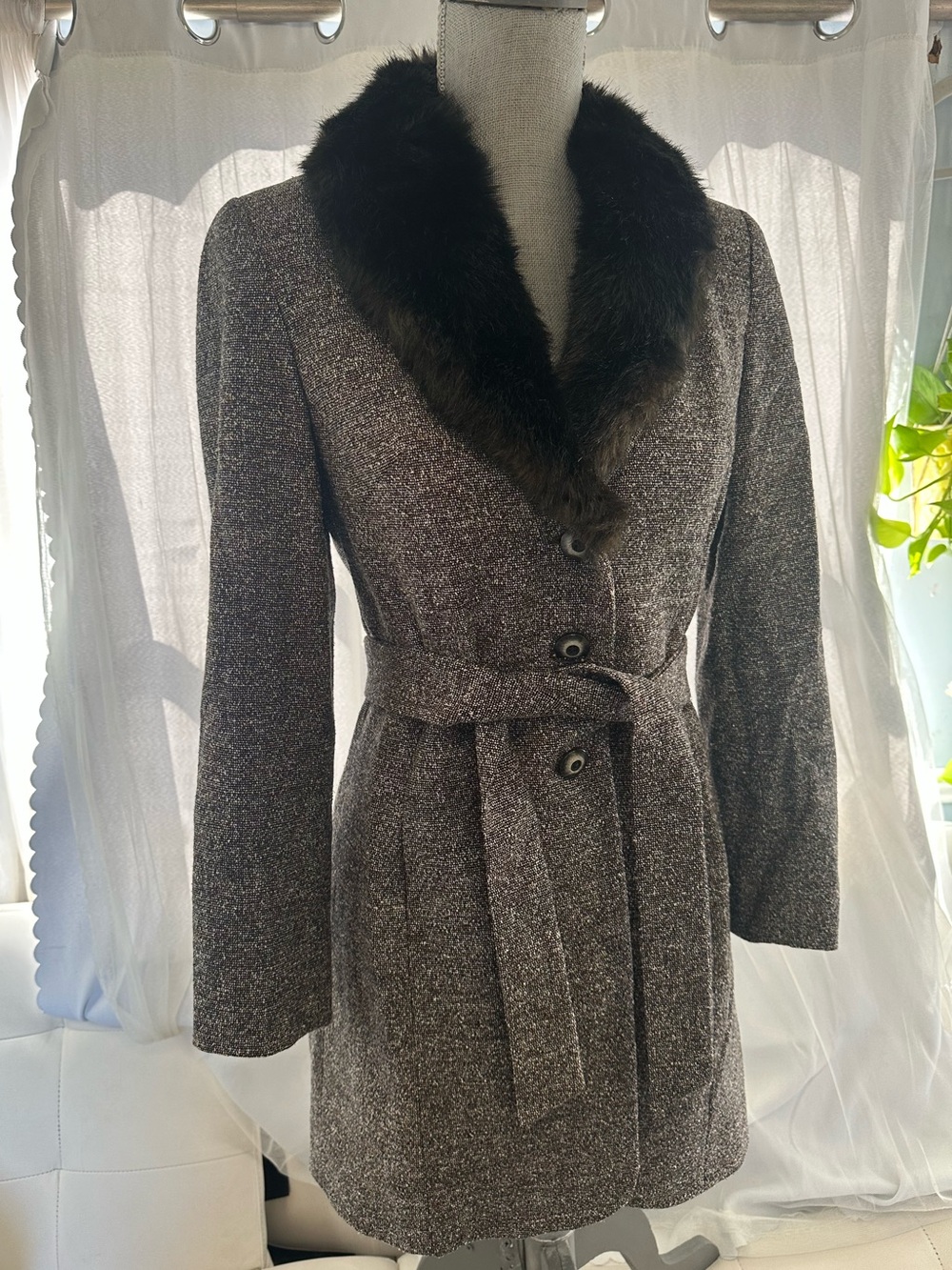 Grey Tweed Trench Coat with Black Faux Fur Collar
